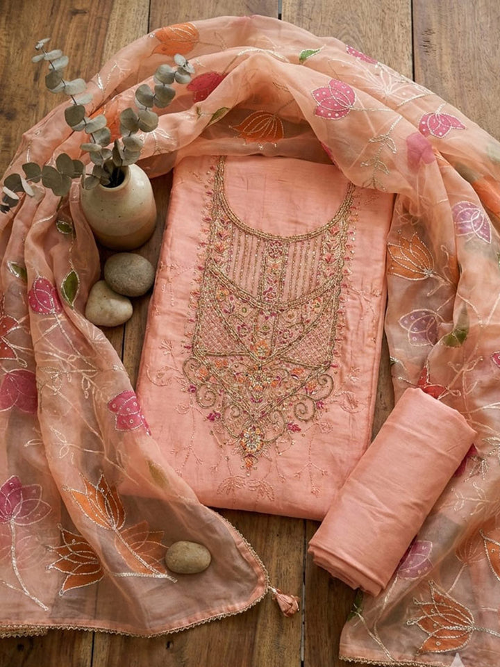 Embroidered Chanderi Unstitched Suit With Pant &amp; Dupatta