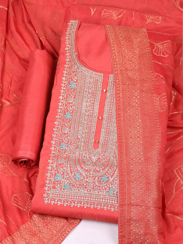 Embroidered Chanderi Unstitched Suit With Pant &amp; Dupatta