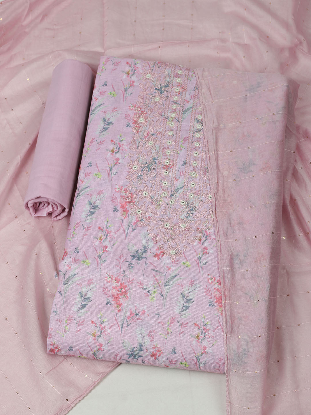 Embroidered Cotton Unstitched Suit With Pant &amp; Dupatta