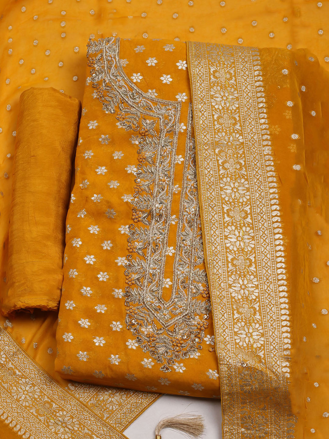 Neck Embroidered Georgette Unstitched Suit With Dupatta