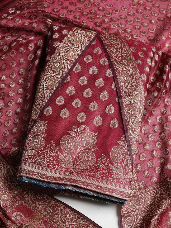 Woven Banarasi Chanderi Unstitched Suit With Dupatta