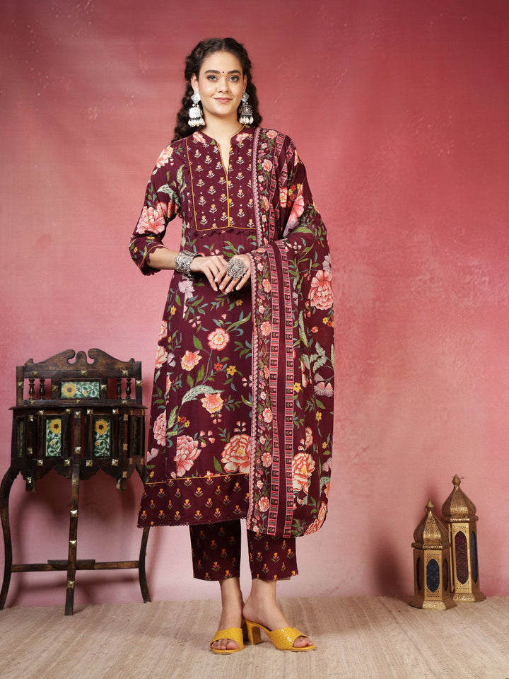 Printed Cotton Blend Kurta With Pant &amp; Dupatta