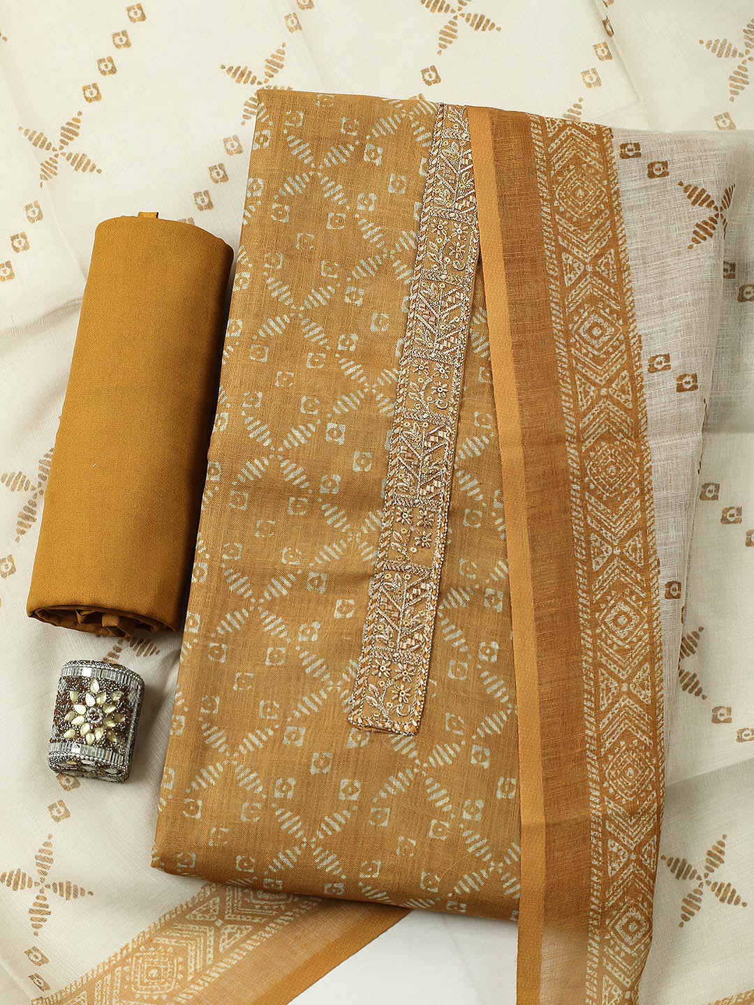Embroidered Linen Blend Unstitched Suit With Pant &amp; Dupatta