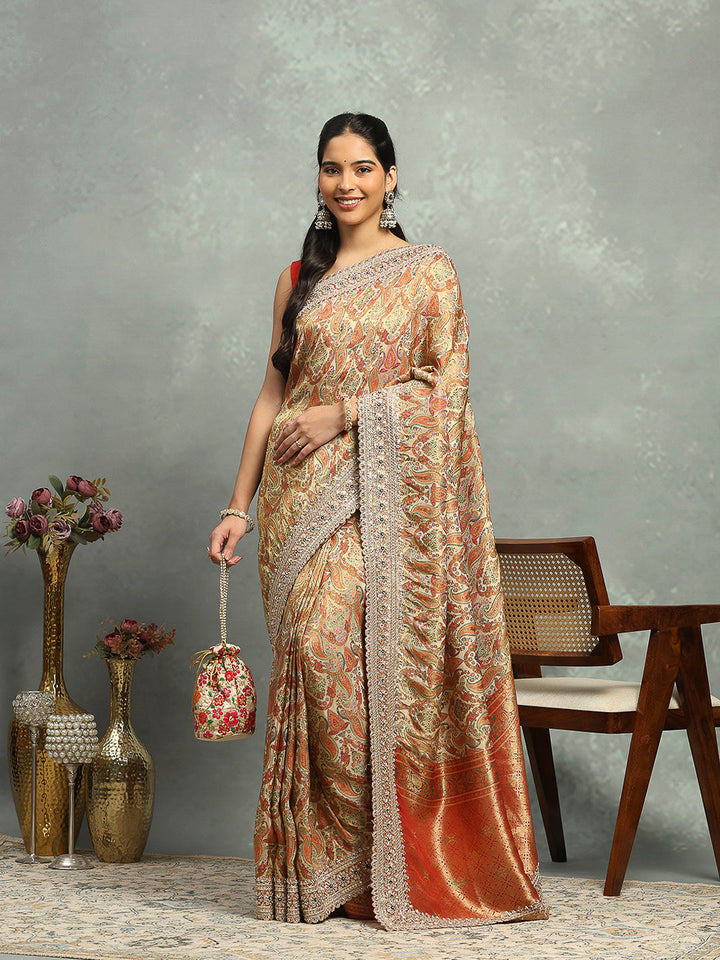 Printed &amp; Border Embroidered Crepe Saree