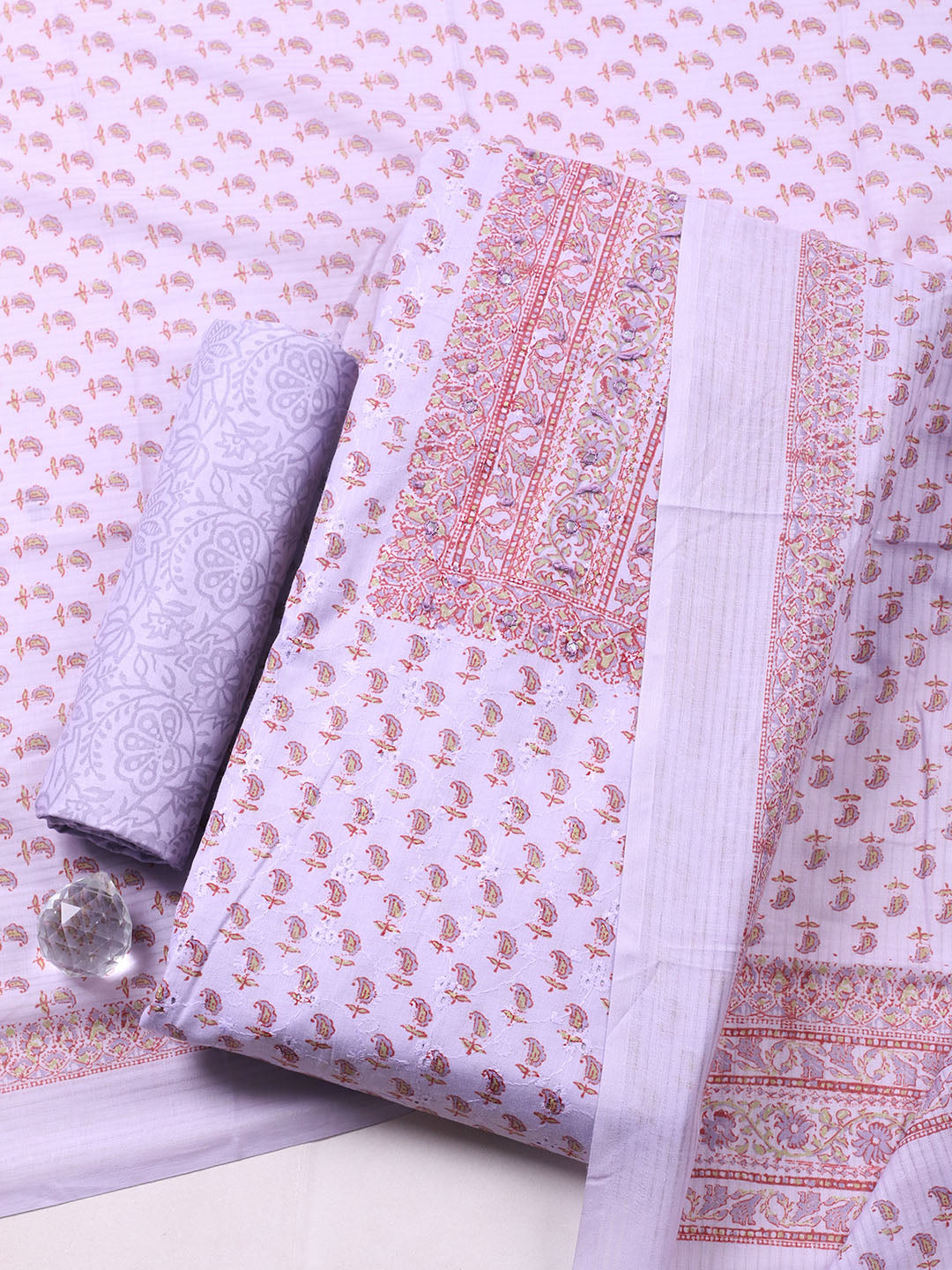 Printed Cotton Blend Unstitched Suit With Pant &amp; Dupatta