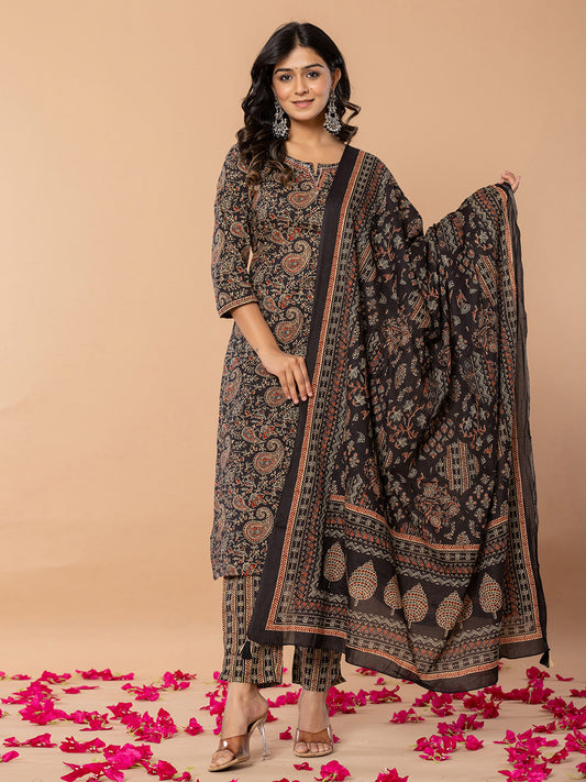 Paisley Printed Cotton Blend Kurta With Pants & Dupatta