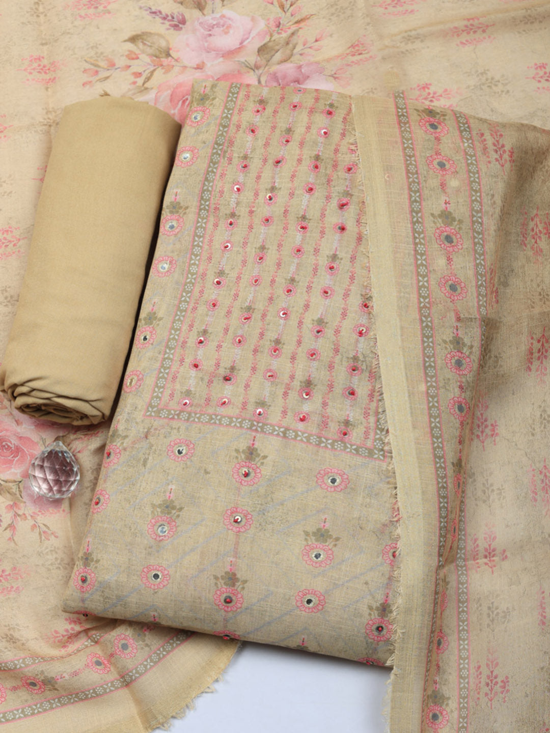 Embellished Tissue Unstitched Suit With Pant &amp; Dupatta