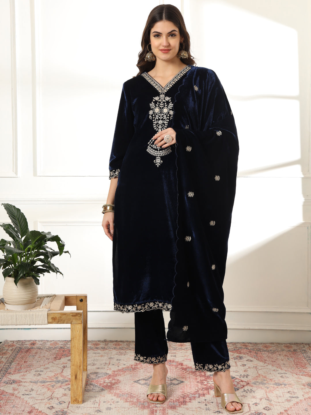 Navy Blue Embroidered Velvet Straight Suit Set With Dupatta