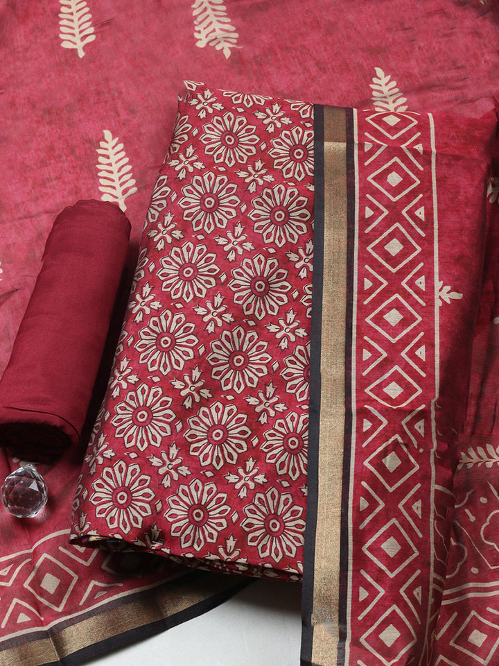 Printed Chanderi Unstitched Suit With Pant &amp; Dupatta