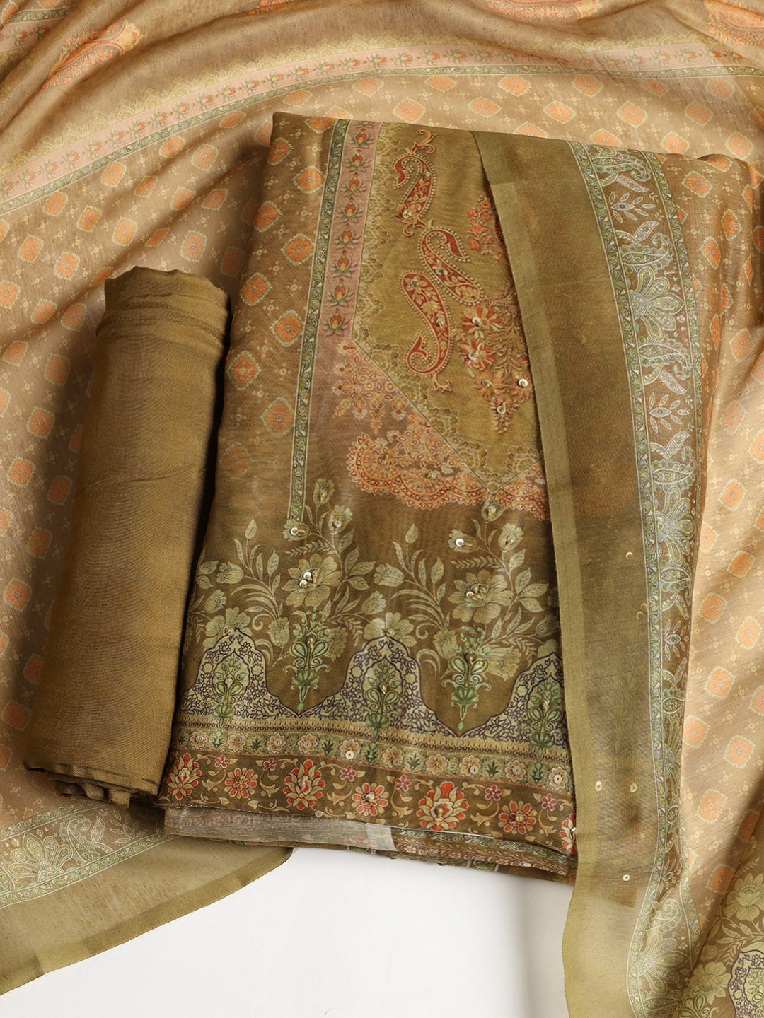 Printed Booti Chanderi Unstitched Suit With Dupatta