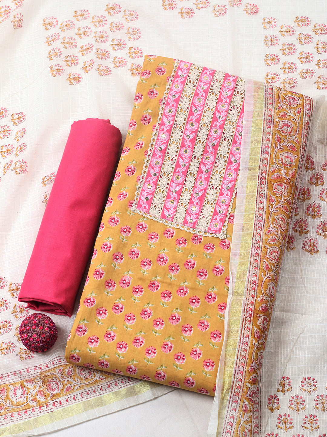 Printed Cotton Blend Unstitched Suit With Pant &amp; Dupatta