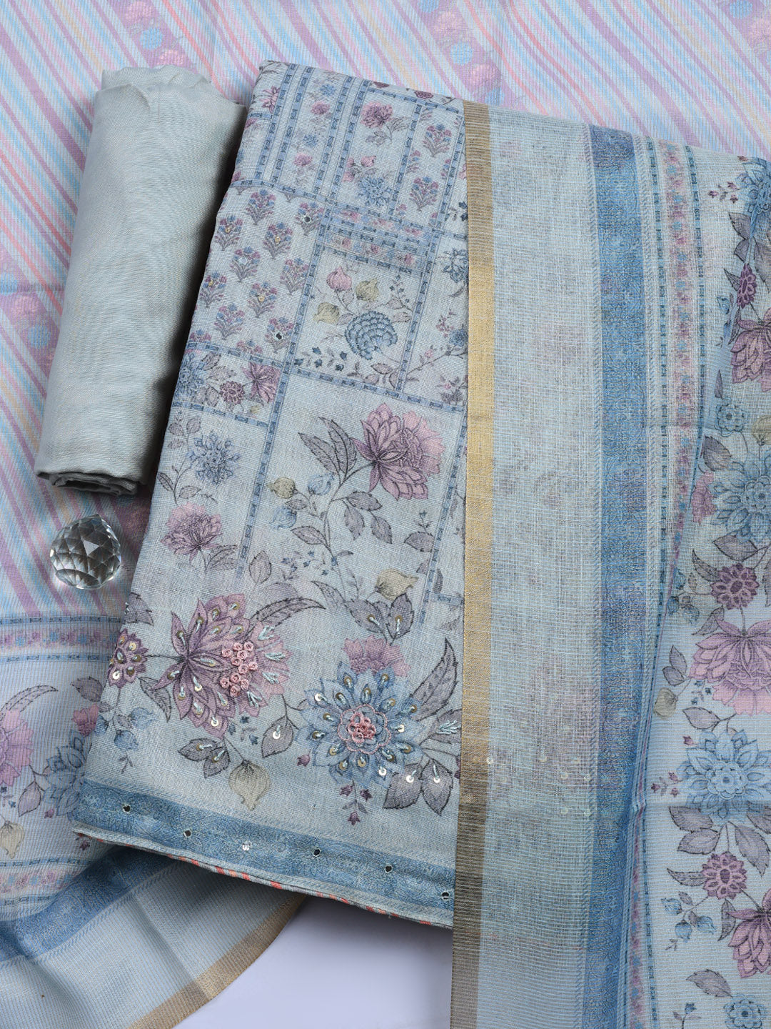 Printed Linen Blend Unstitched Suit With Pant &amp; Dupatta