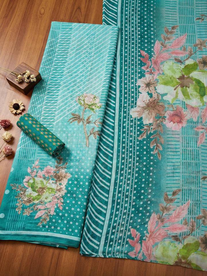 Printed Chanderi Unstitched Suit With Pant &amp; Dupatta