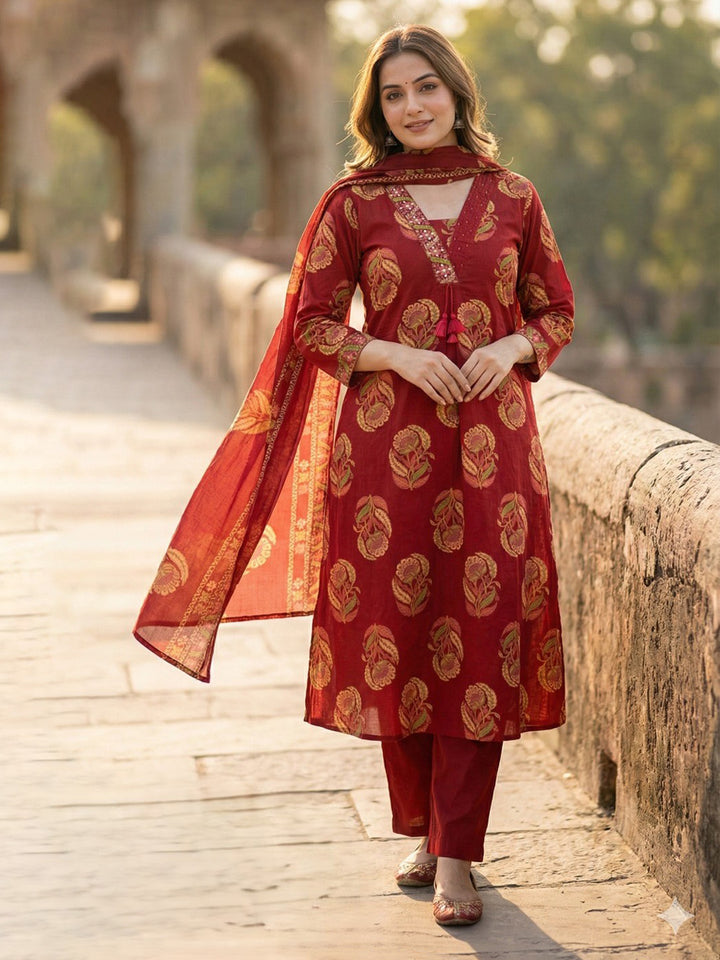 Red Cotton Blend Printed Straight Suit Set