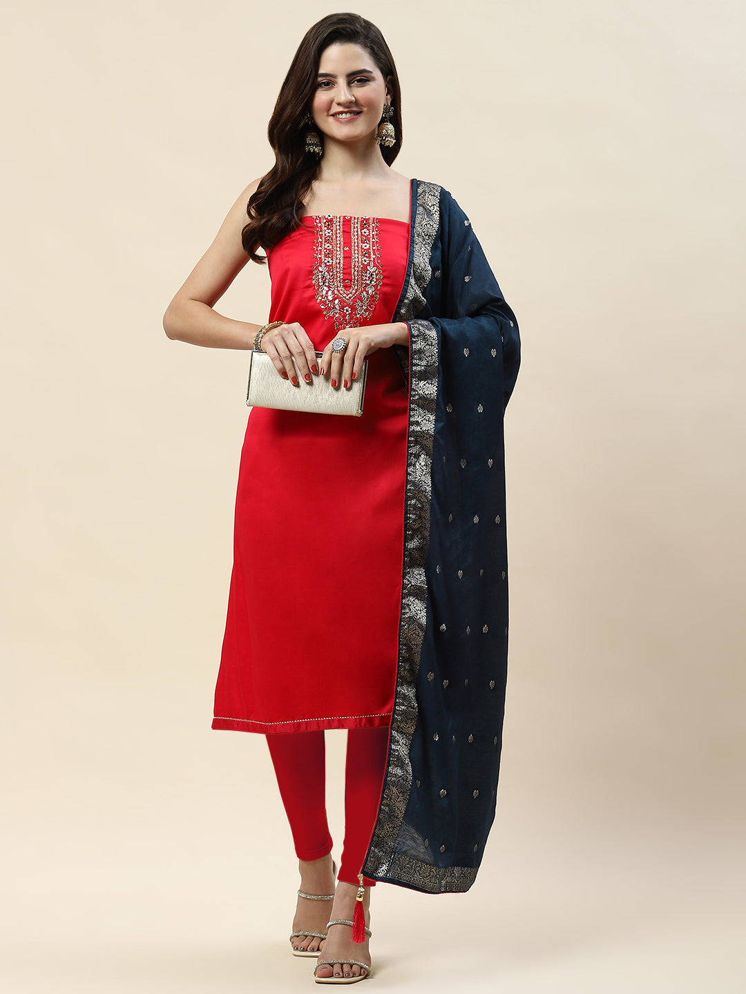 Neck Embroidered Cotton Unstitched Suit Piece With Dupatta