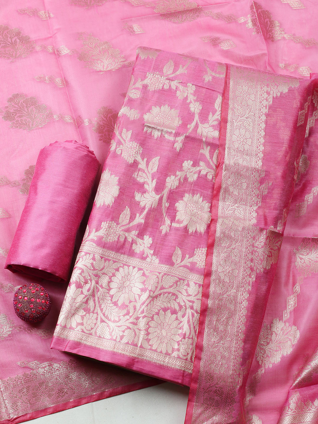 Woven Design Chanderi Unstitched Suit With Pant Dupatta