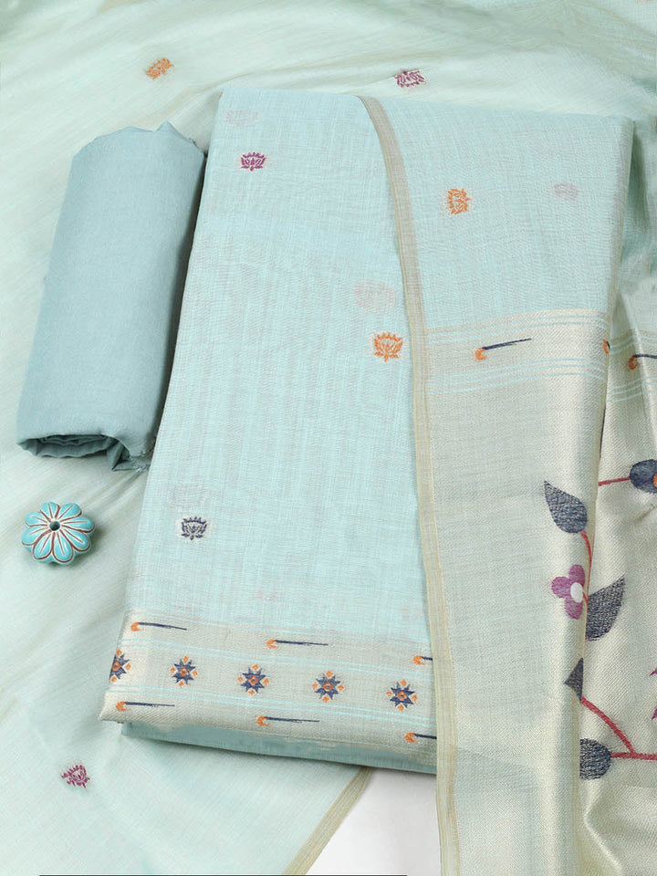 Embroidered Chanderi Unstitched Suit With Pant &amp; Dupatta