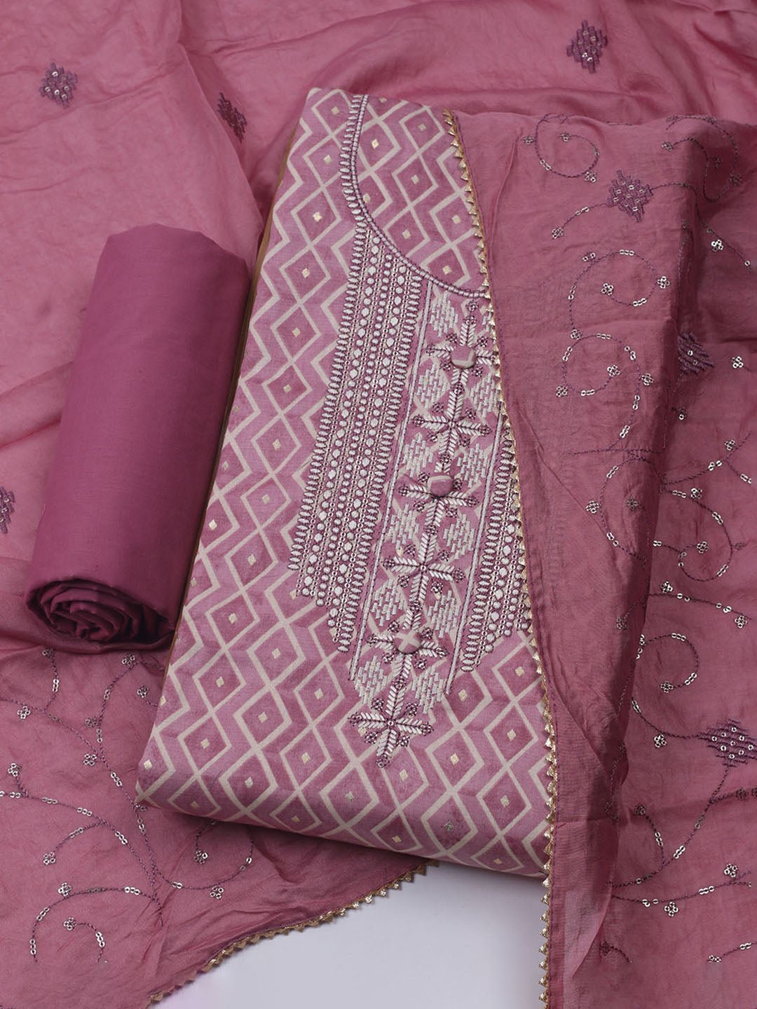 Printed Cotton Blend Unstitched Suit With Dupatta