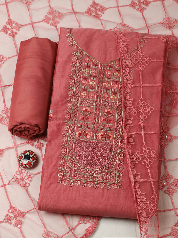 Embroidered Chanderi Unstitched Suit With Pant &amp; Dupatta