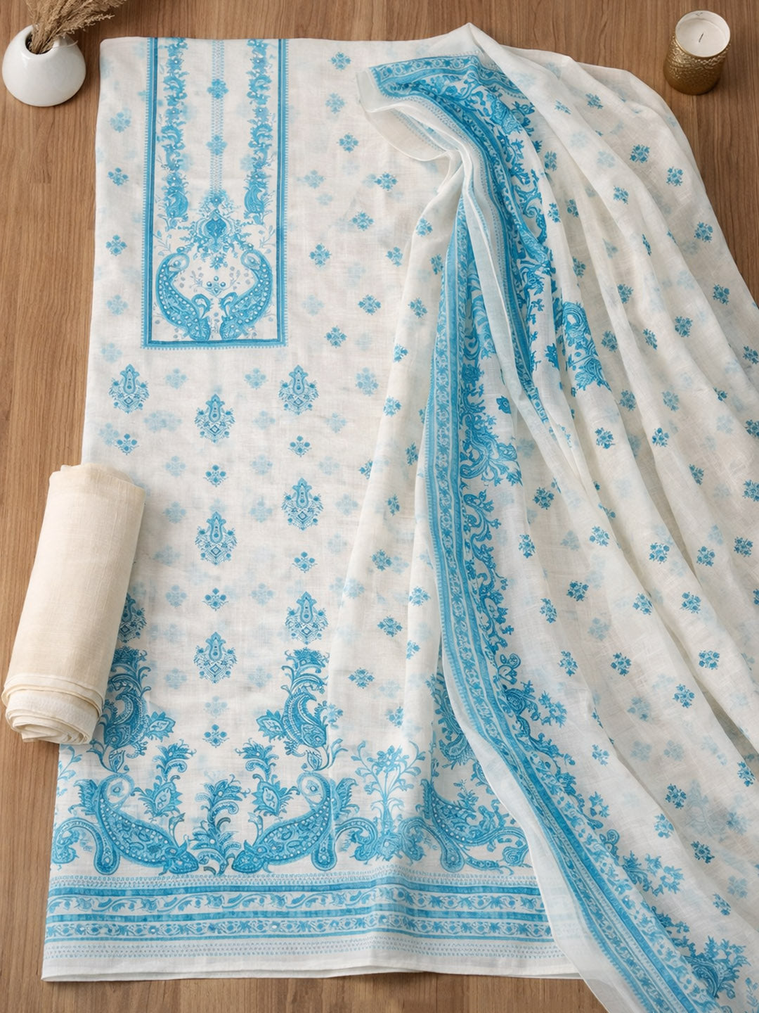 Embroidered Linen Blend Unstitched Suit With Pant &amp; Dupatta