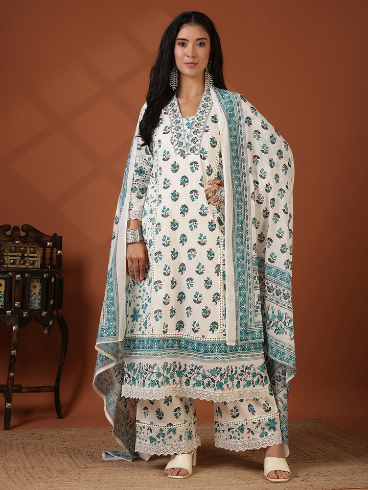 Printed Cotton Blend Kurta With Pant &amp; Dupatta