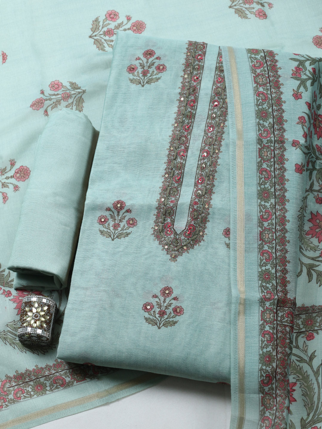 Embroidered Chanderi Unstitched Suit With Pant &amp; Dupatta
