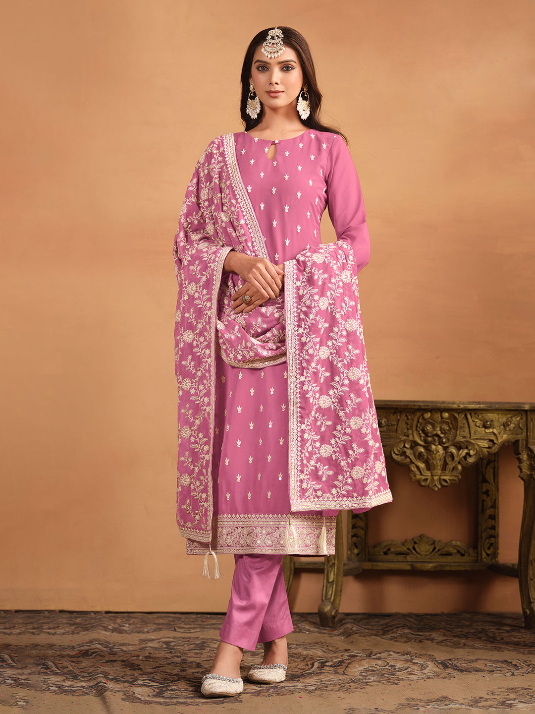 Embroidered Georgette Semi Stitched Kurta With Pant &amp; Dupatta