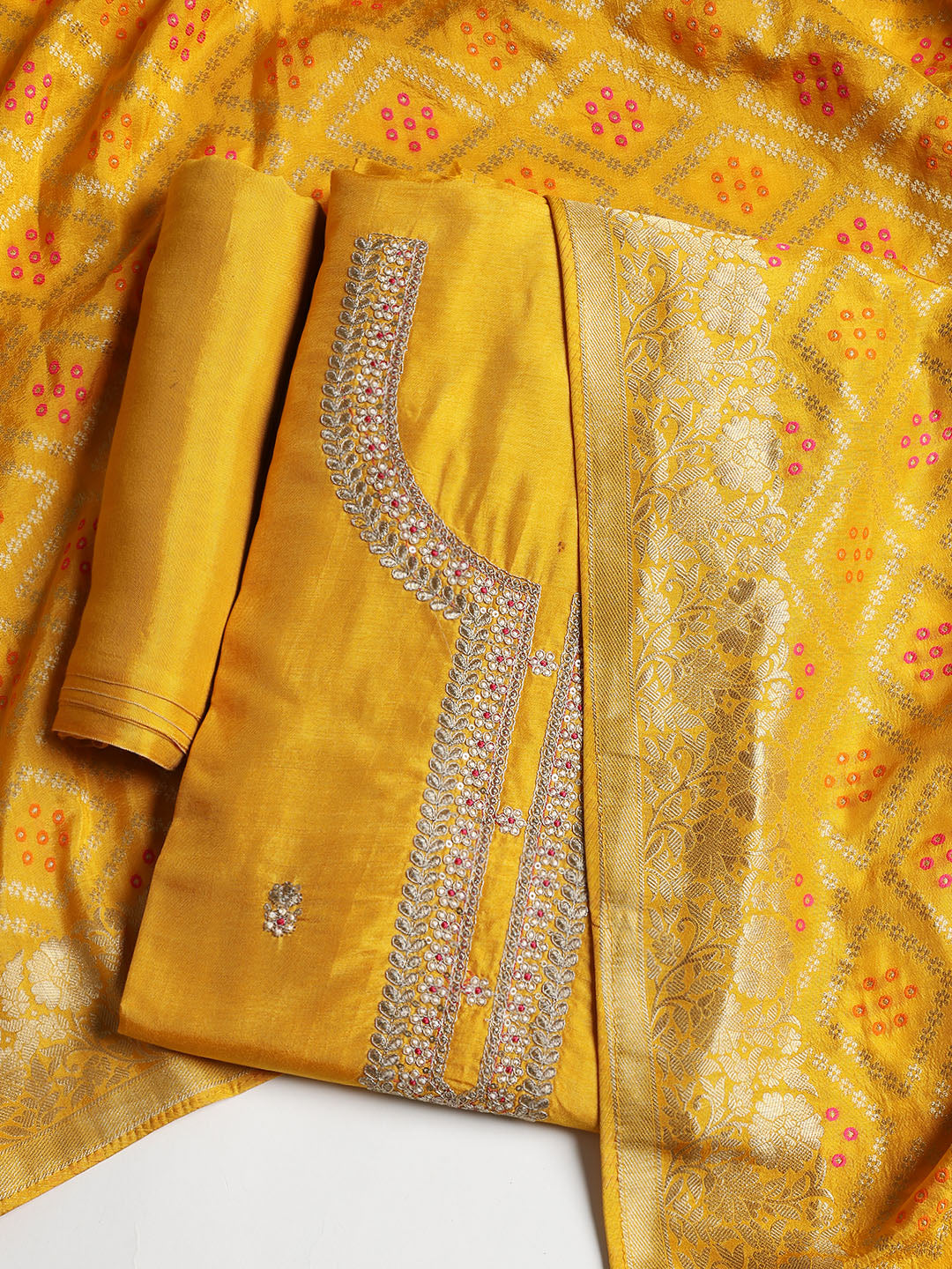 Neck Embroidered Chanderi Unstitched Suit With Dupatta
