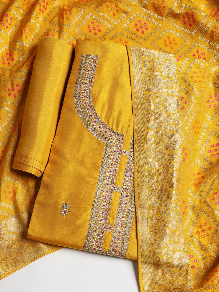 Neck Embroidered Chanderi Unstitched Suit With Dupatta