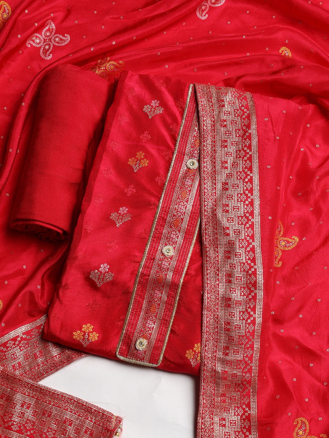 Embroidered Chanderi Unstitched Suit With Dupatta