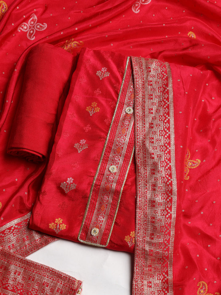 Embroidered Chanderi Unstitched Suit With Dupatta