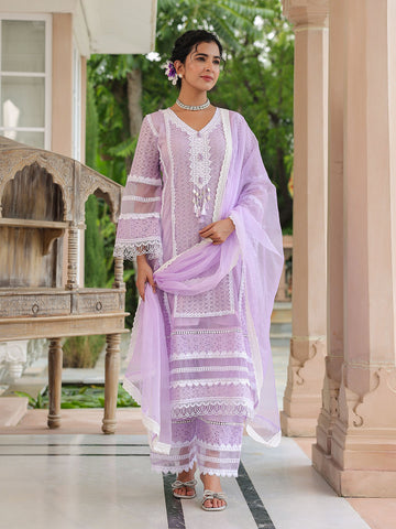 Embroidered Cotton Kurta With Pants & Dupatta