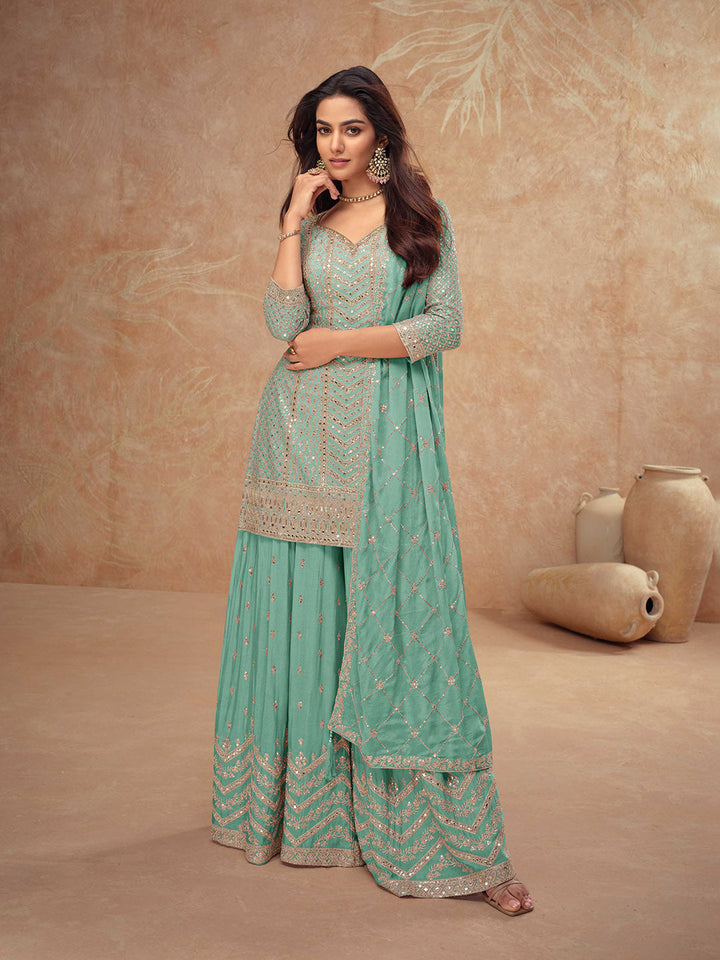 Sequins Embroidery Chinon Suit With Pant &amp; Dupatta