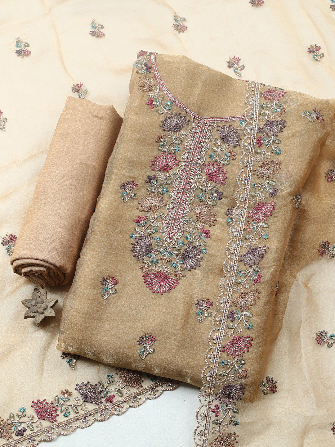 Embroidered Organza Unstitched Suit With Pant &amp; Dupatta