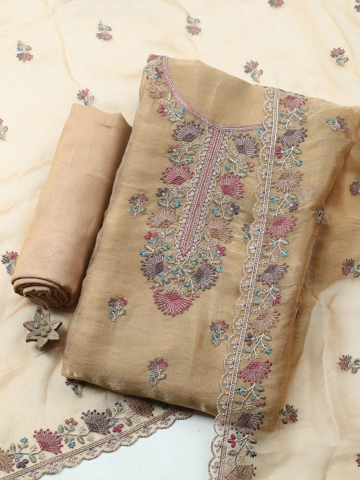 Embroidered Organza Unstitched Suit With Pant &amp; Dupatta