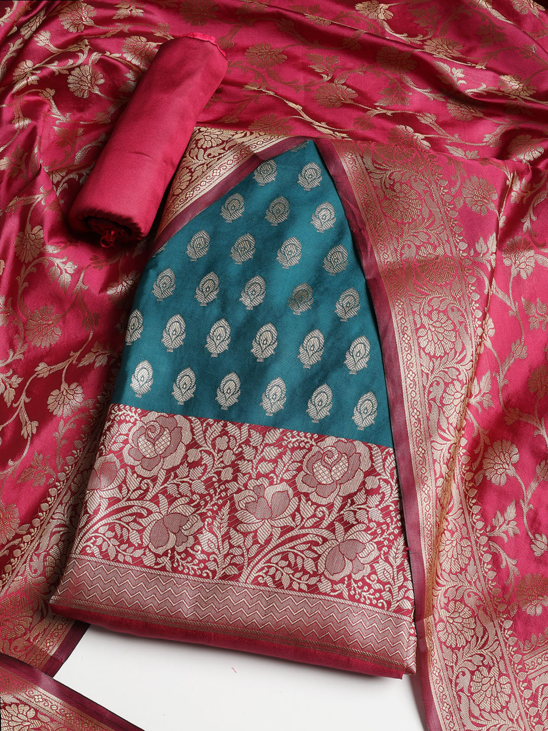 Woven Banarasi Chanderi Unstitched Suit With Dupatta