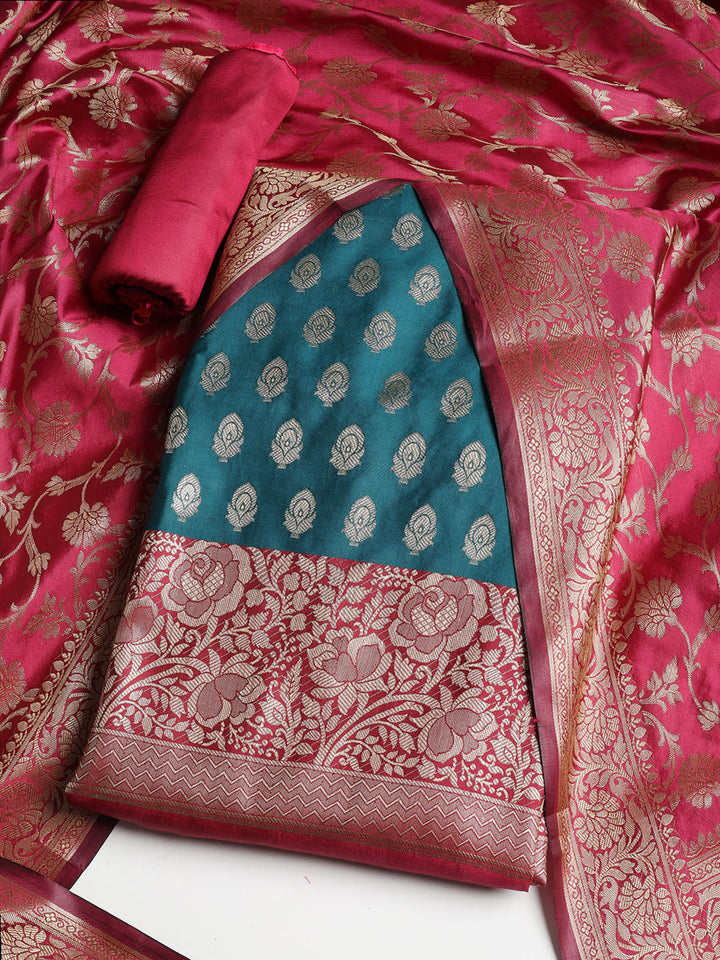 Woven Banarasi Chanderi Unstitched Suit With Dupatta
