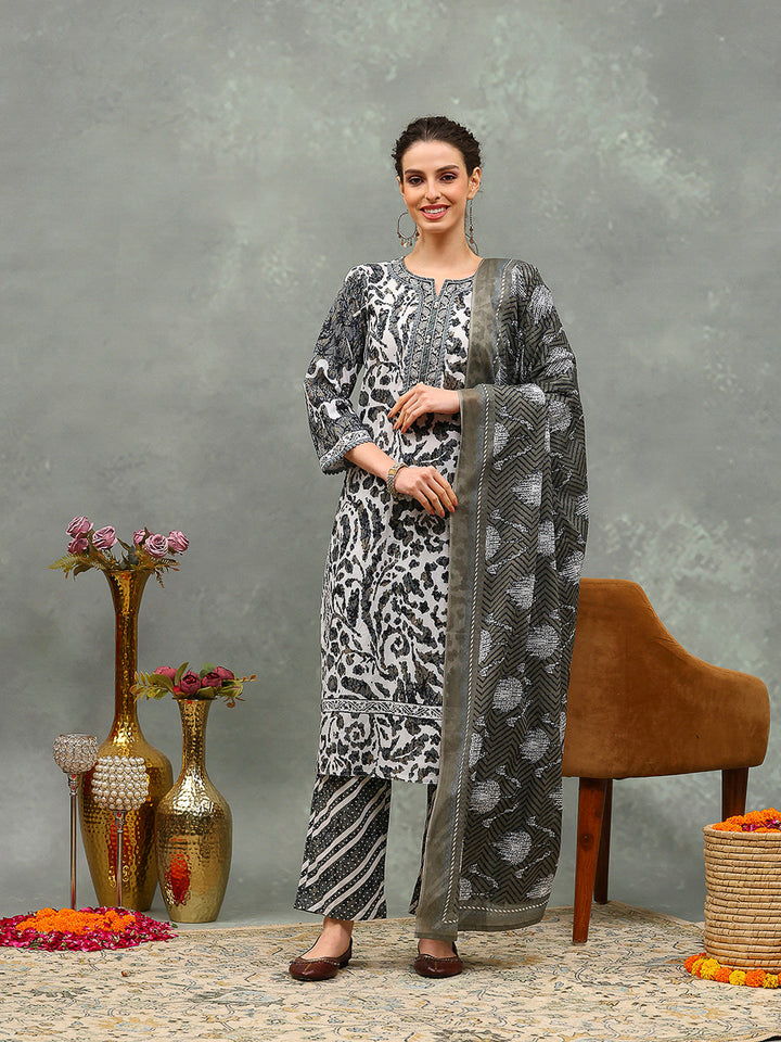 Printed Cotton Kurta With Pants &amp; Dupatta
