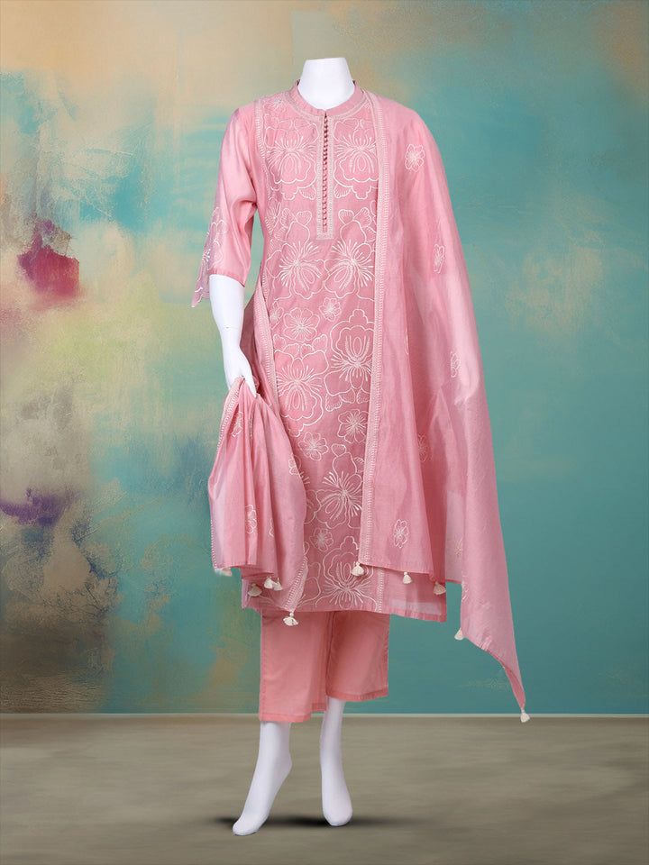Embroidered Chanderi Kurta With Pant &amp; Dupatta