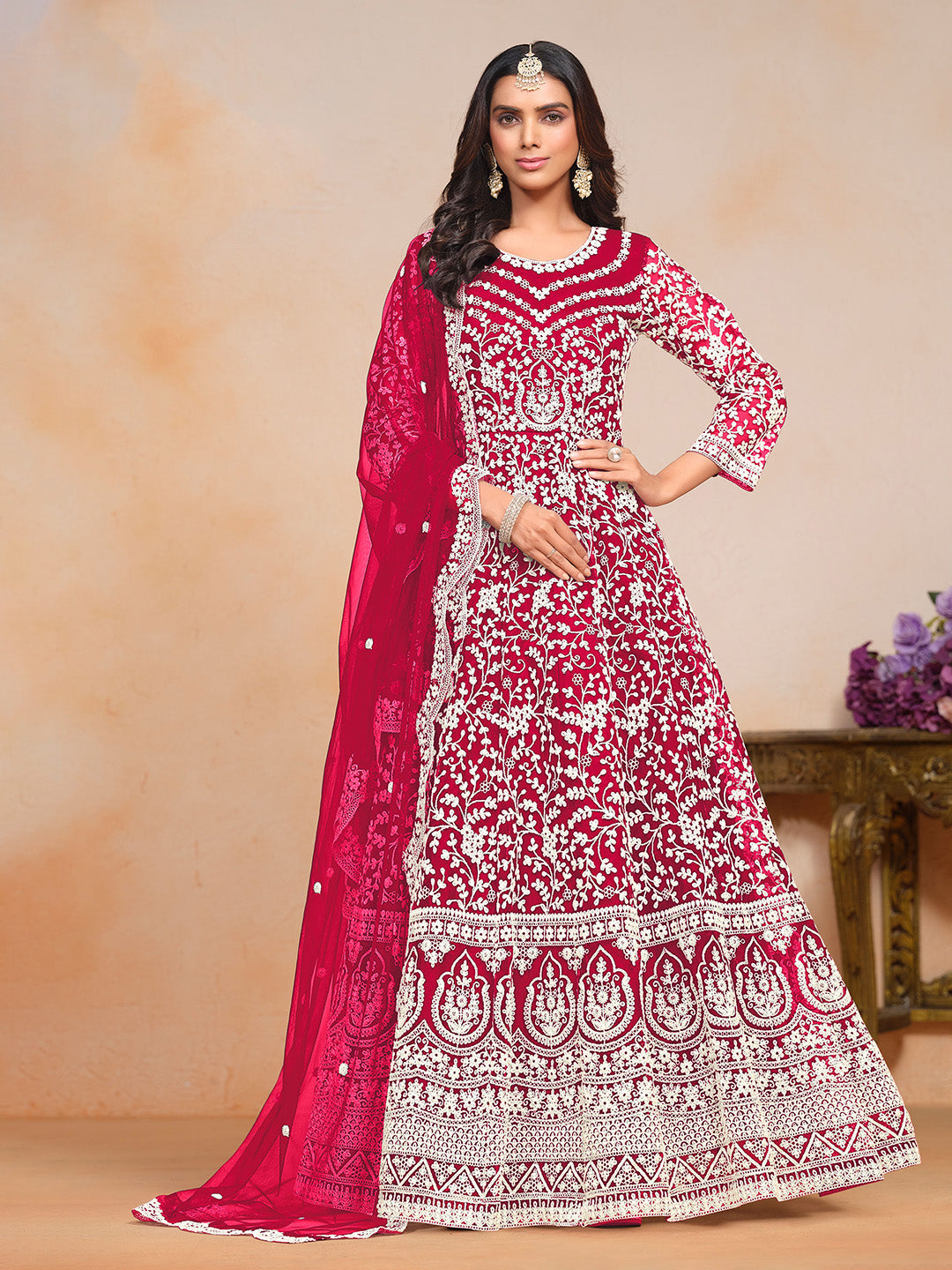 Embroidered Net Semi Stitched Kurta With Salwar &amp; Dupatta