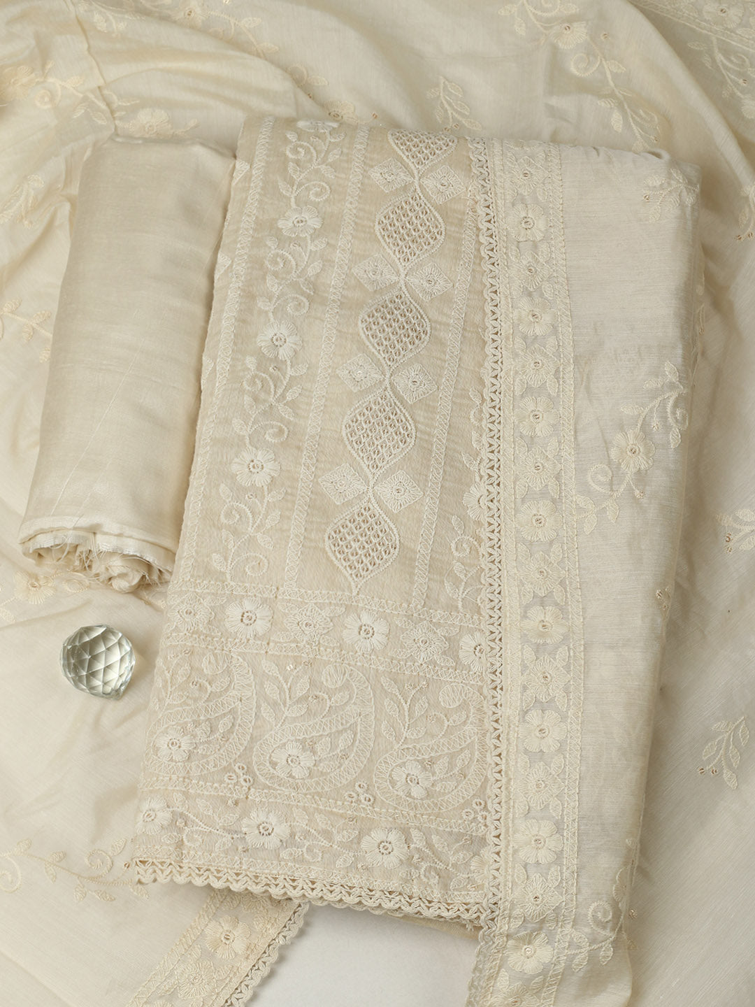 Embroidered Chanderi Unstitched Suit With Pant &amp; Dupatta