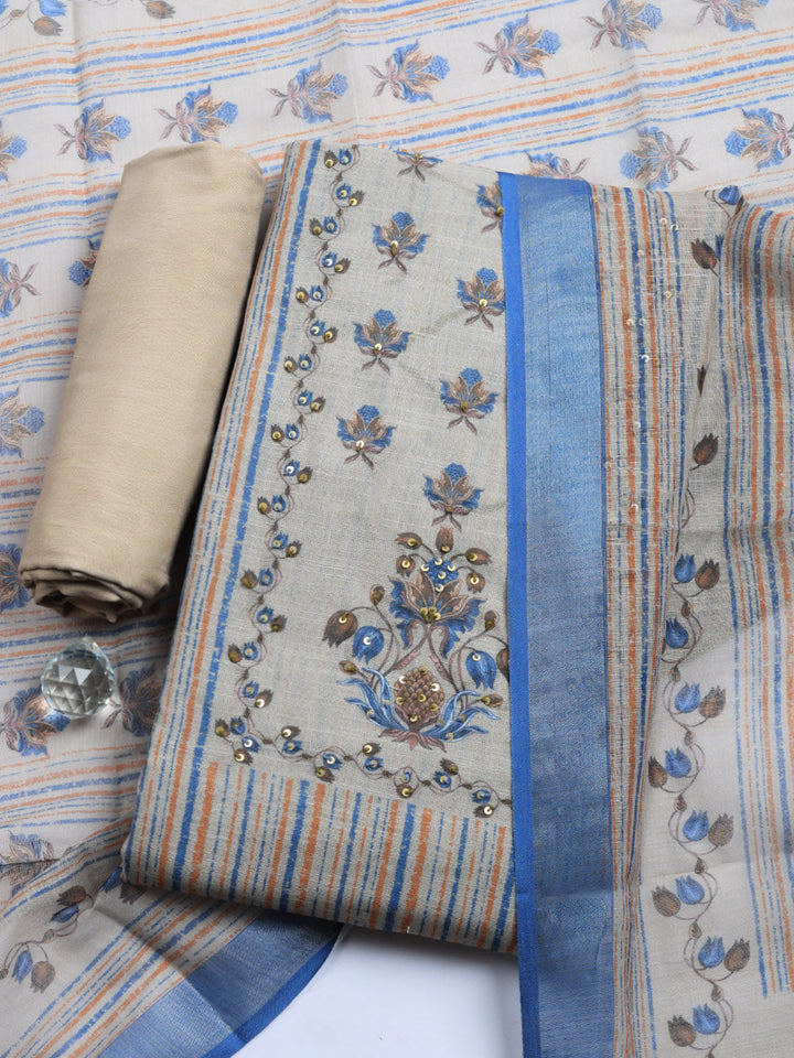 Printed Linen Blend Unstitched Suit With Pant &amp; Dupatta