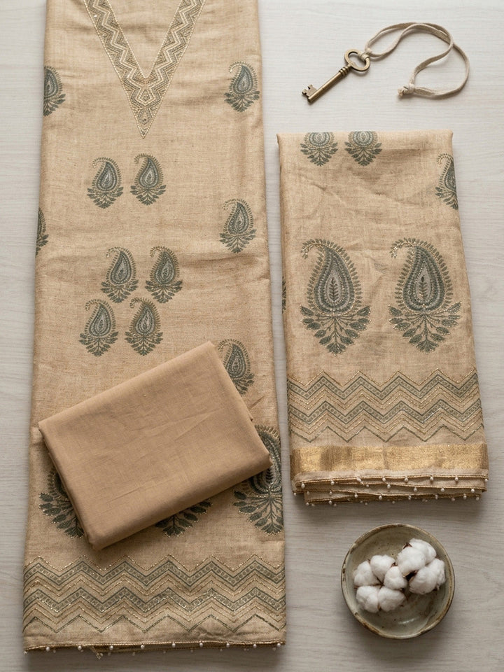 Embroidered Linen Blend Unstitched Suit With Pant &amp; Dupatta