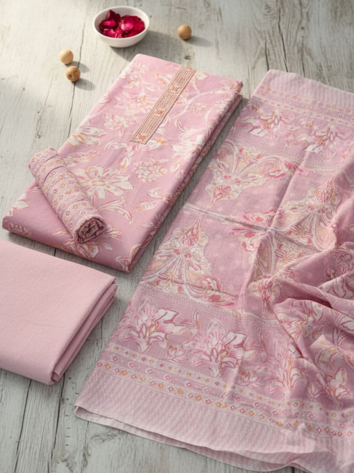 Embroidered Cotton Blend Unstitched Suit With Pant &amp; Dupatta