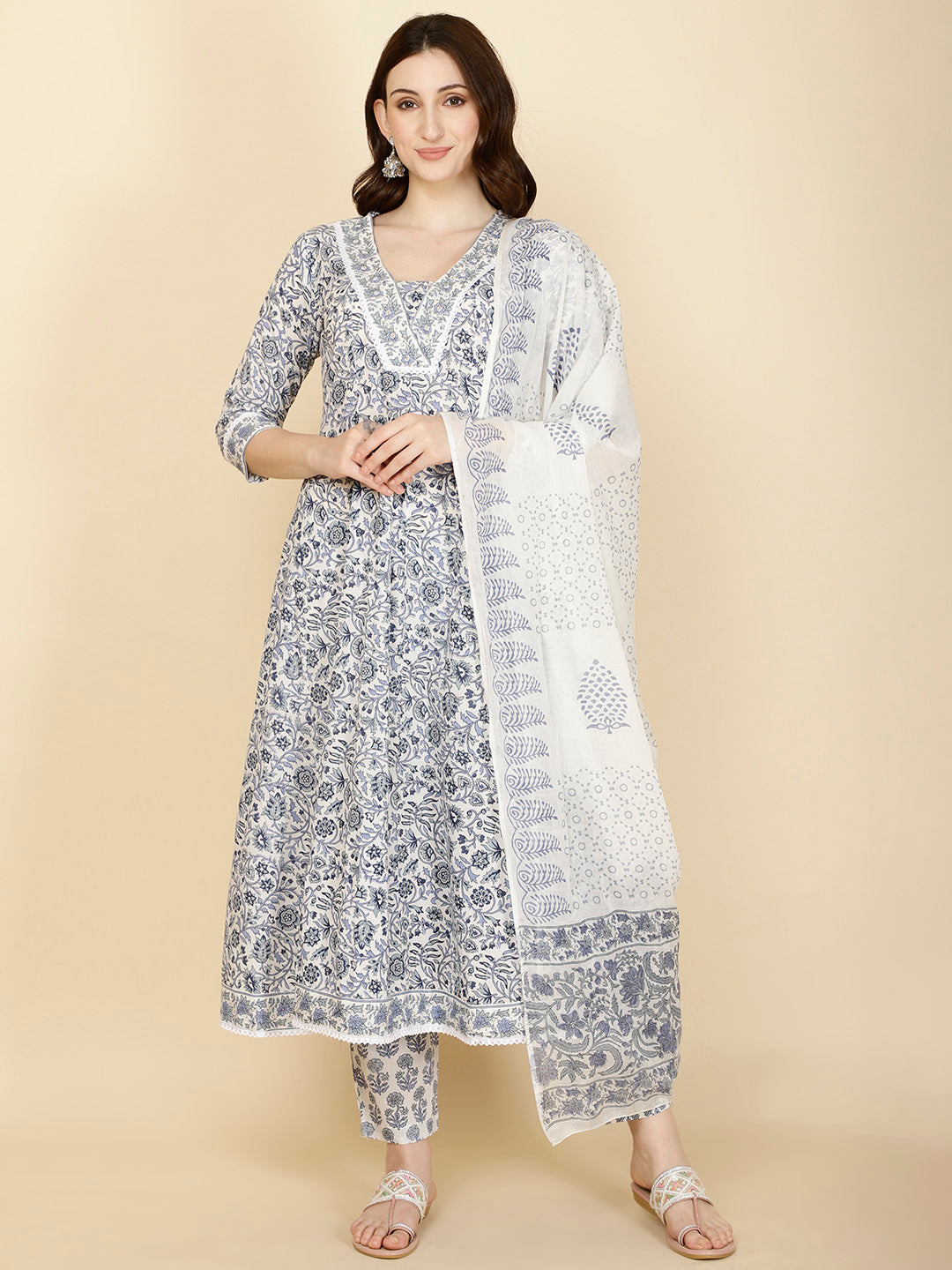 Floral Printed Cotton Kurta With Pants & Dupatta