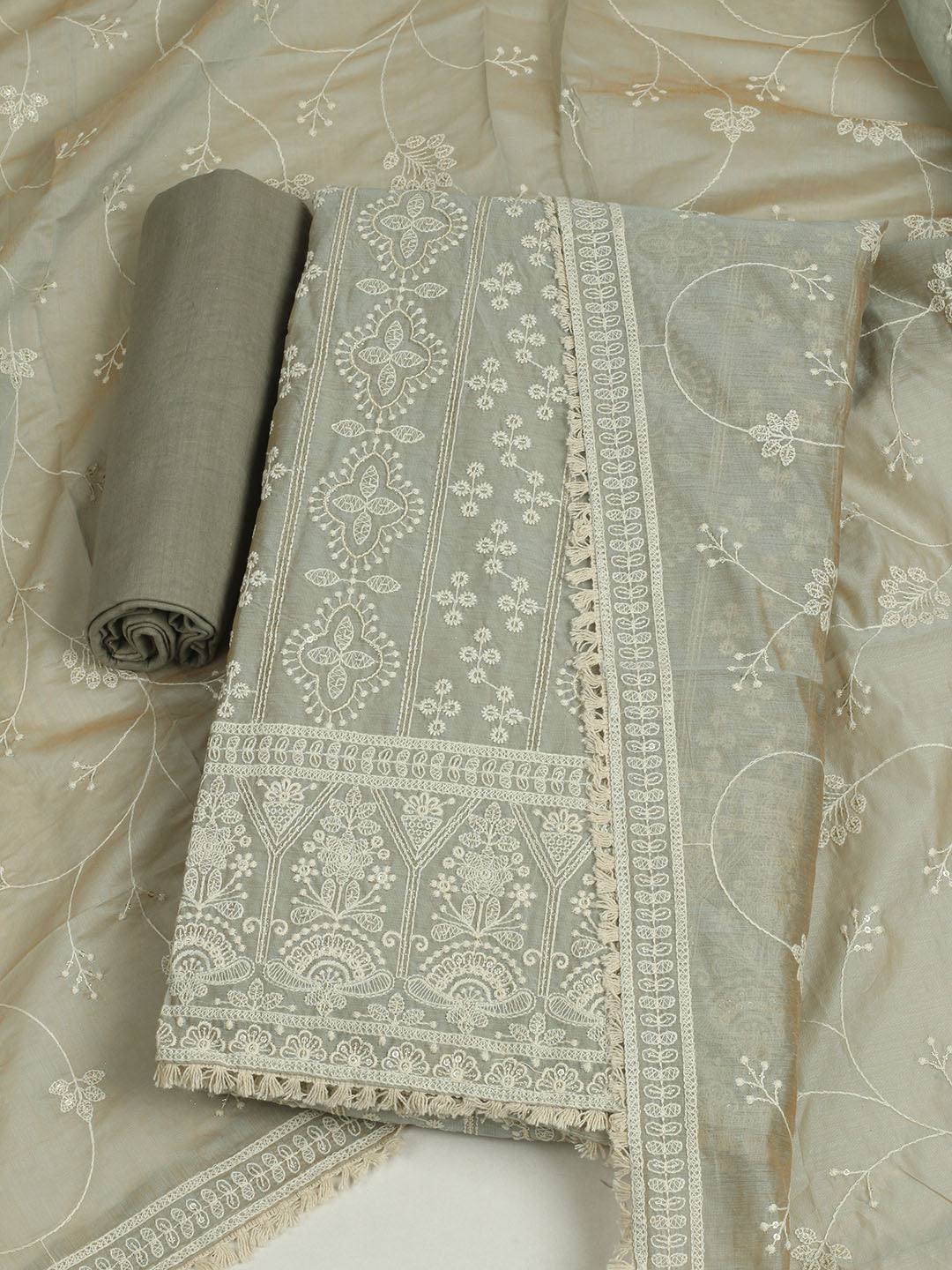 Embroidered Chanderi Unstitched Suit With Pant &amp; Dupatta
