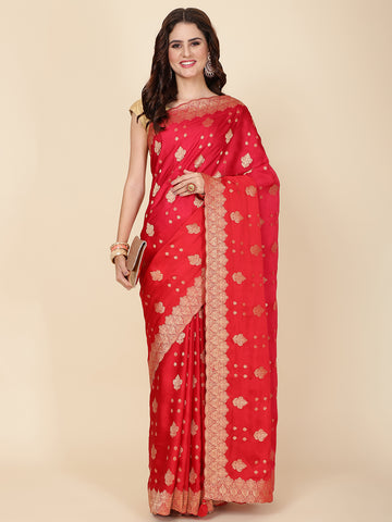 Zari Border Booti Woven Satin Saree