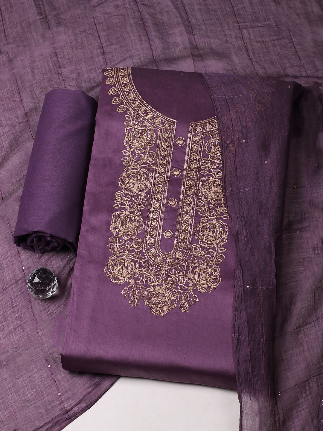Embroidered Chanderi Unstitched Suit With Pant &amp; Dupatta