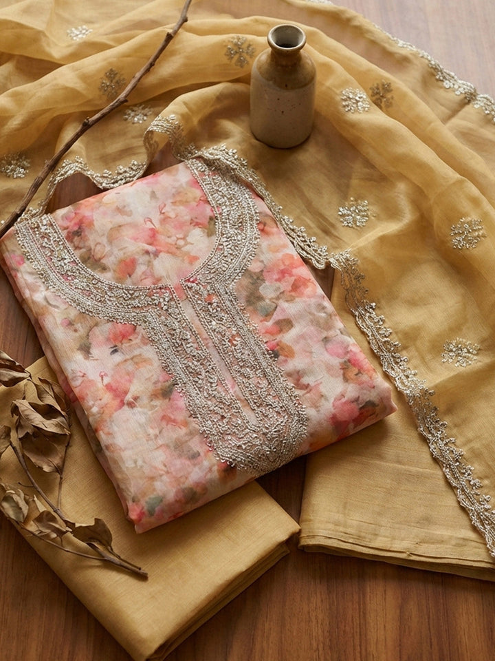 Printed Cotton Blend Unstitched Suit With Pant &amp; Dupatta