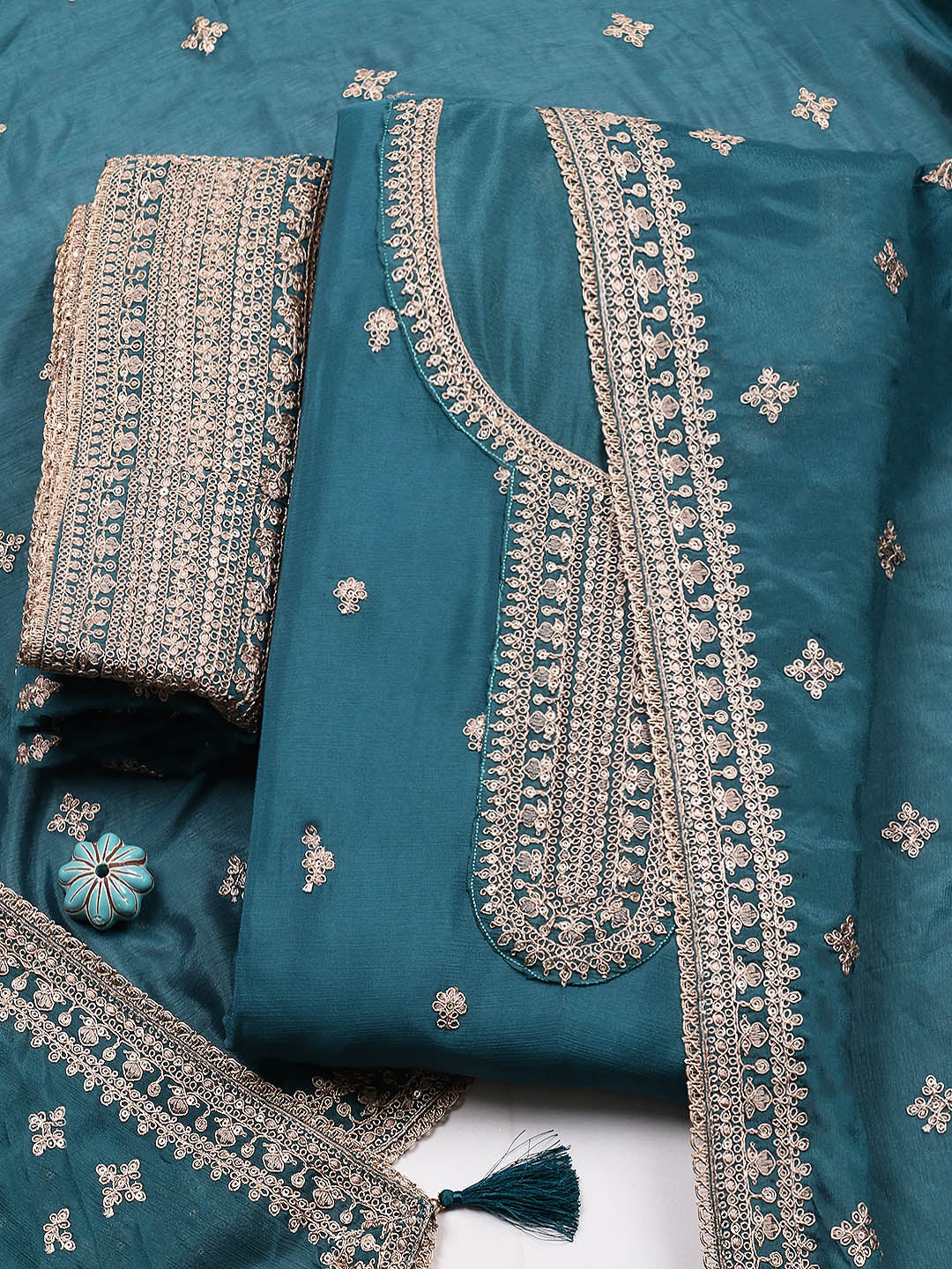 Embroidered Chinon Unstitched Suit With Pant &amp; Dupatta